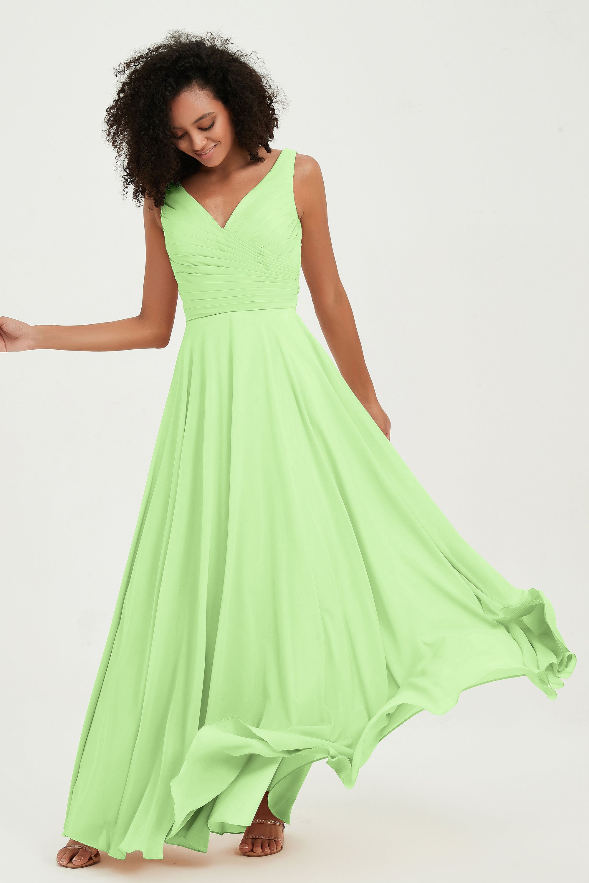 V Neck Chiffon Sleeveless Bridesmaid Dress Pleated Formal Evening Prom Dresses with Bow Sash