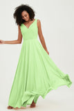 V Neck Chiffon Sleeveless Bridesmaid Dress Pleated Formal Evening Prom Dresses with Bow Sash