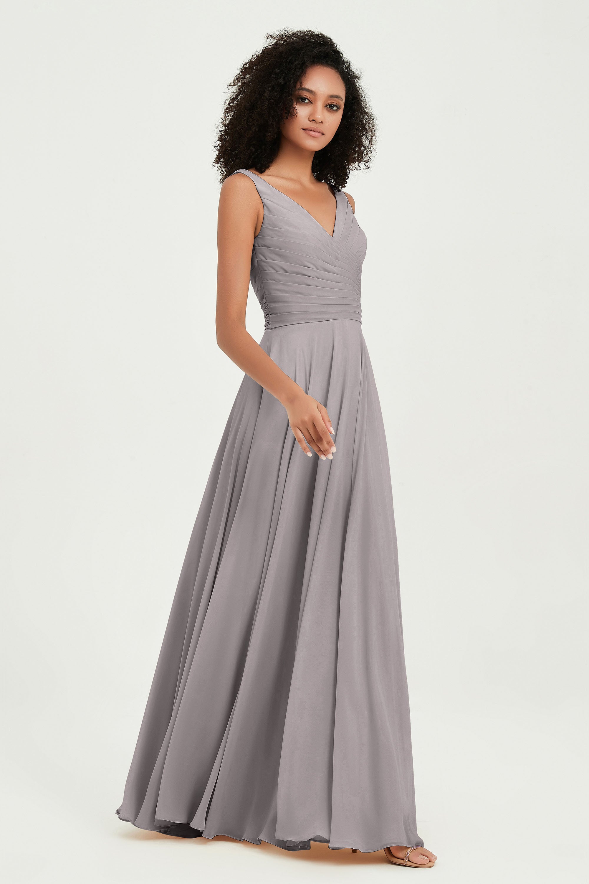 V Neck Chiffon Sleeveless Bridesmaid Dress Pleated Formal Evening Prom Dresses with Bow Sash