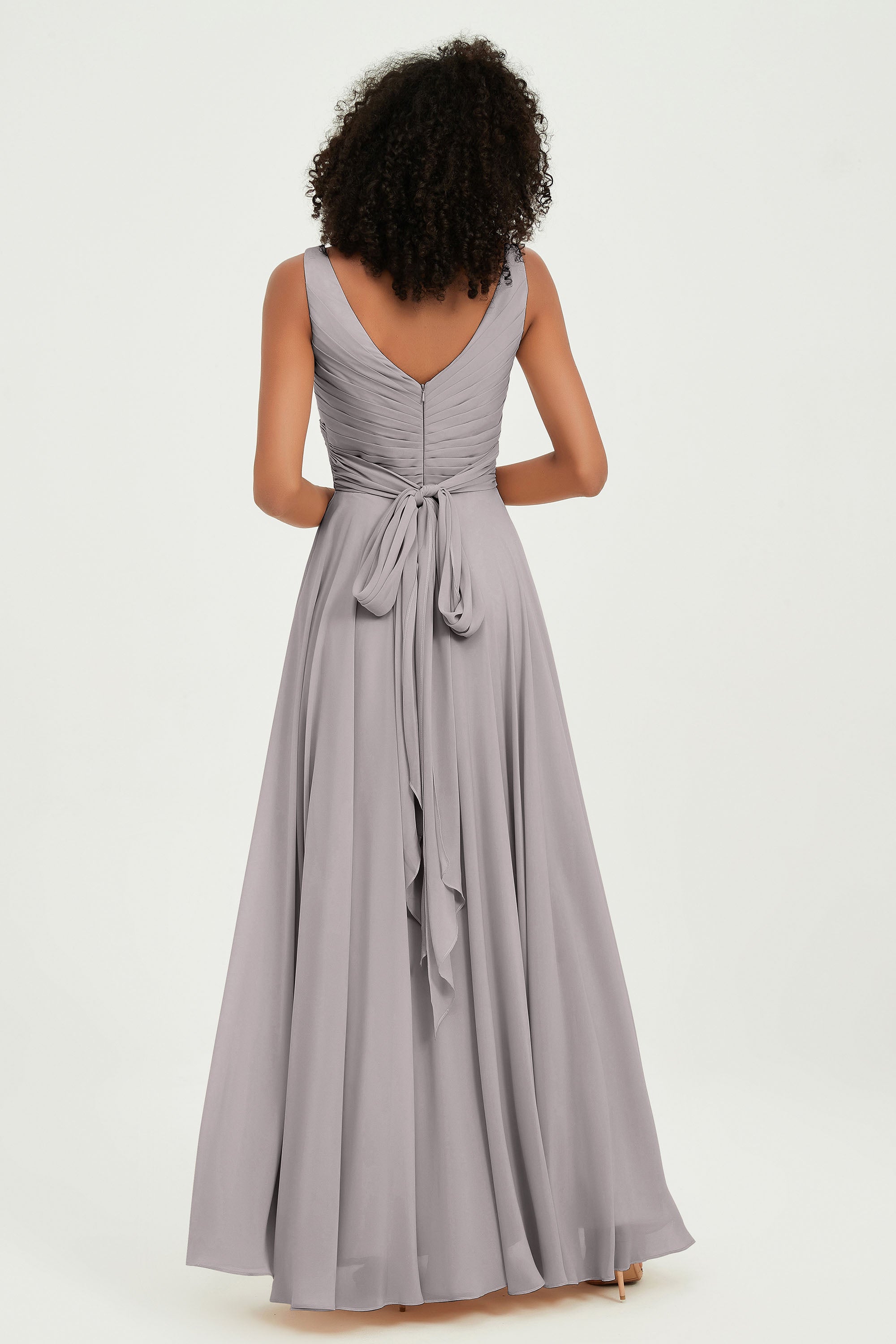 V Neck Chiffon Sleeveless Bridesmaid Dress Pleated Formal Evening Prom Dresses with Bow Sash