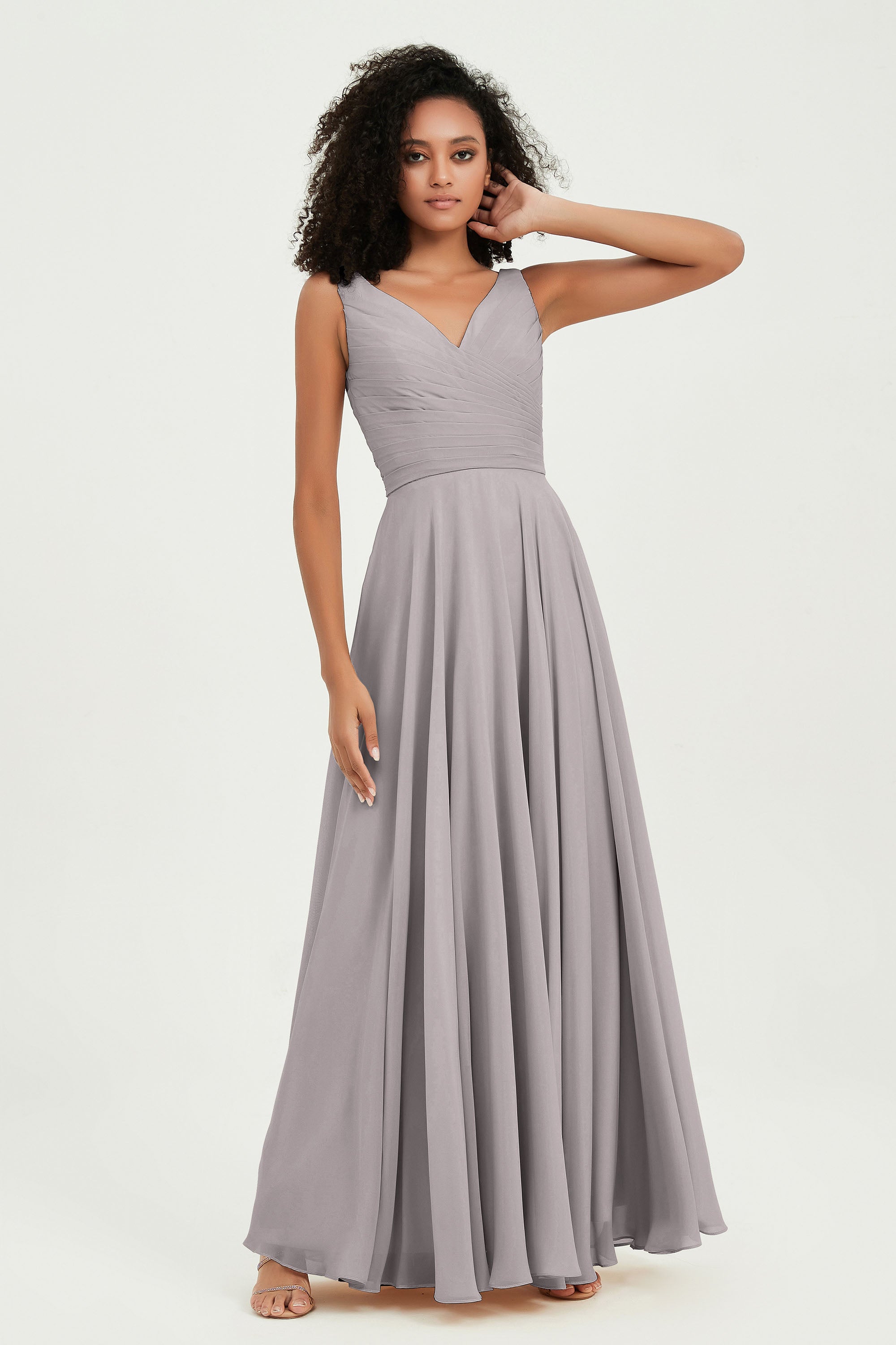 V Neck Chiffon Sleeveless Bridesmaid Dress Pleated Formal Evening Prom Dresses with Bow Sash