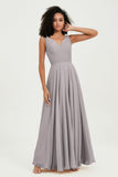 V Neck Chiffon Sleeveless Bridesmaid Dress Pleated Formal Evening Prom Dresses with Bow Sash