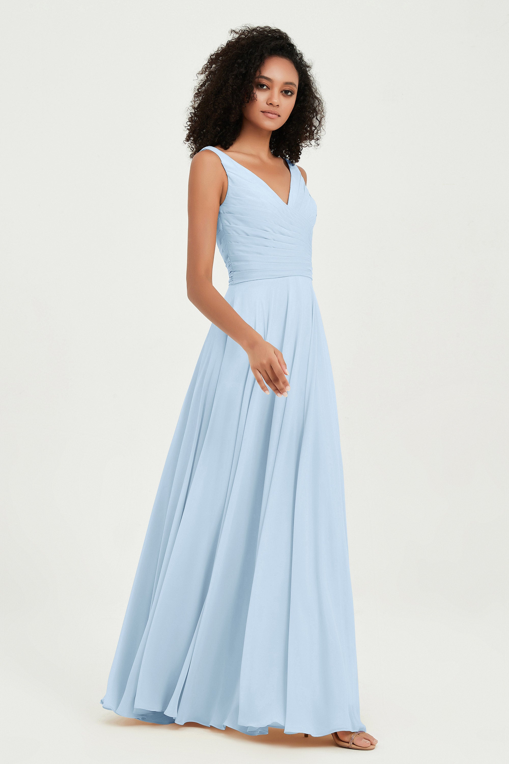 V Neck Chiffon Sleeveless Bridesmaid Dress Pleated Formal Evening Prom Dresses with Bow Sash