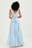 V Neck Chiffon Sleeveless Bridesmaid Dress Pleated Formal Evening Prom Dresses with Bow Sash