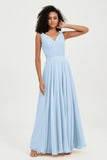 V Neck Chiffon Sleeveless Bridesmaid Dress Pleated Formal Evening Prom Dresses with Bow Sash