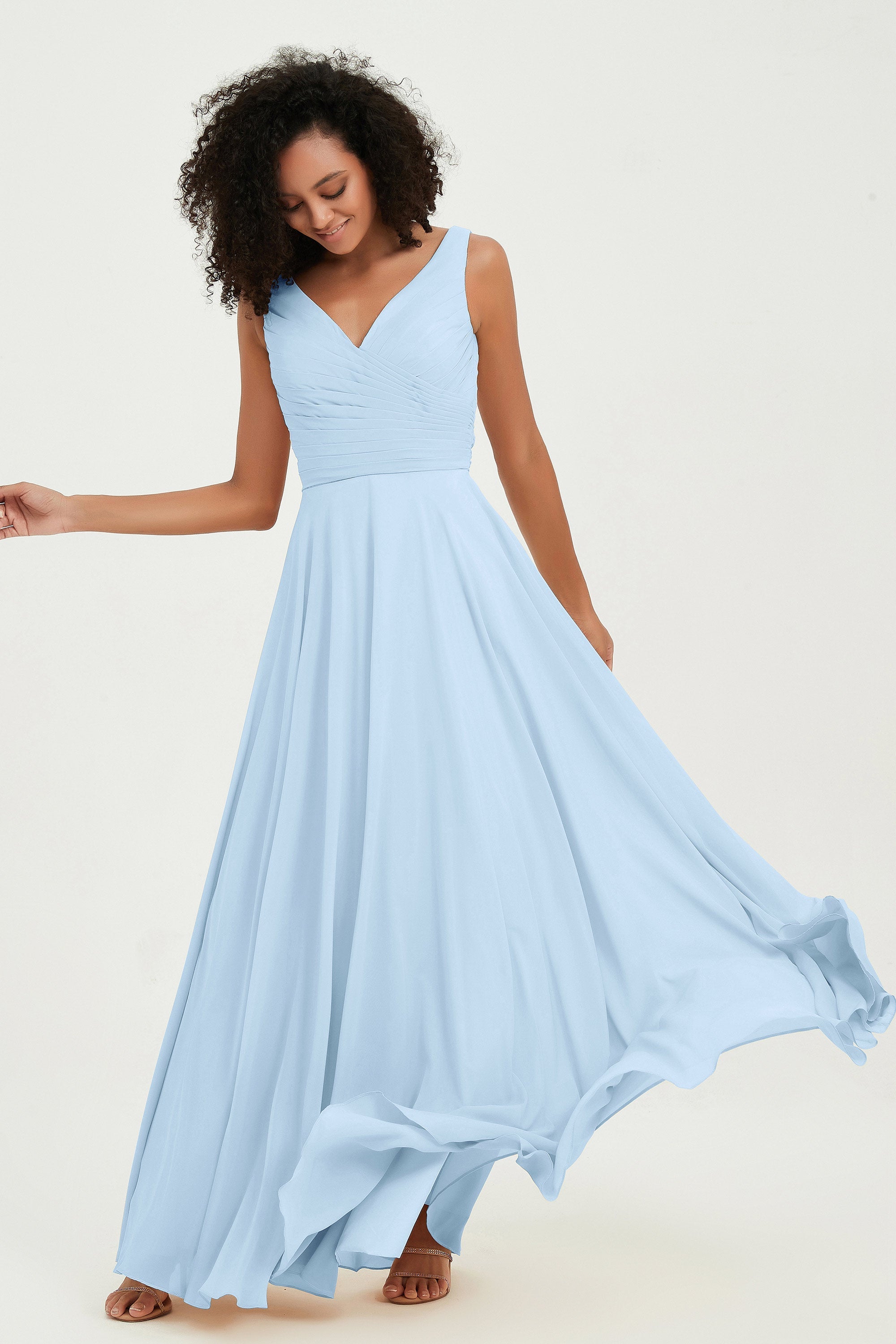 V Neck Chiffon Sleeveless Bridesmaid Dress Pleated Formal Evening Prom Dresses with Bow Sash