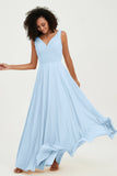 V Neck Chiffon Sleeveless Bridesmaid Dress Pleated Formal Evening Prom Dresses with Bow Sash