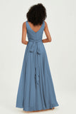 V Neck Chiffon Sleeveless Bridesmaid Dress Pleated Formal Evening Prom Dresses with Bow Sash