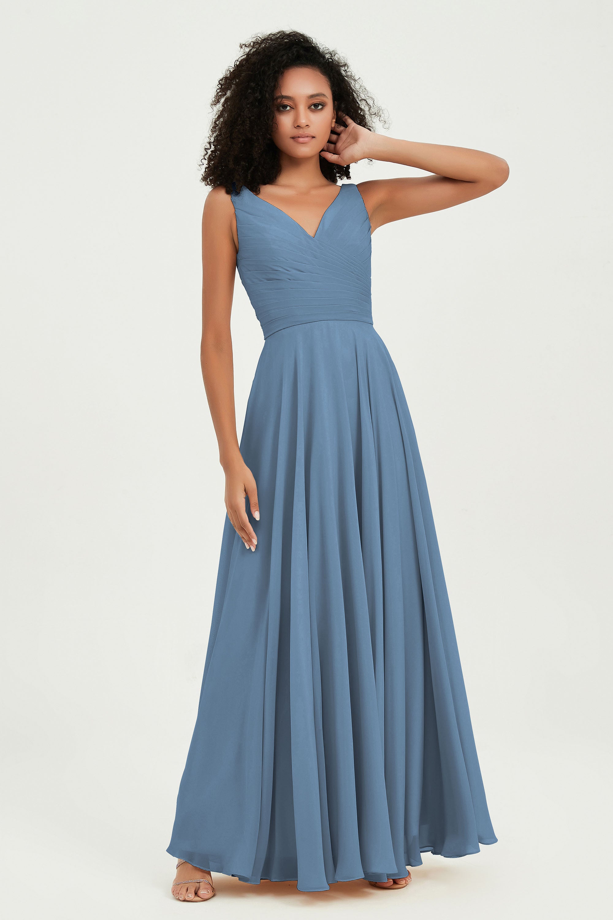 V Neck Chiffon Sleeveless Bridesmaid Dress Pleated Formal Evening Prom Dresses with Bow Sash