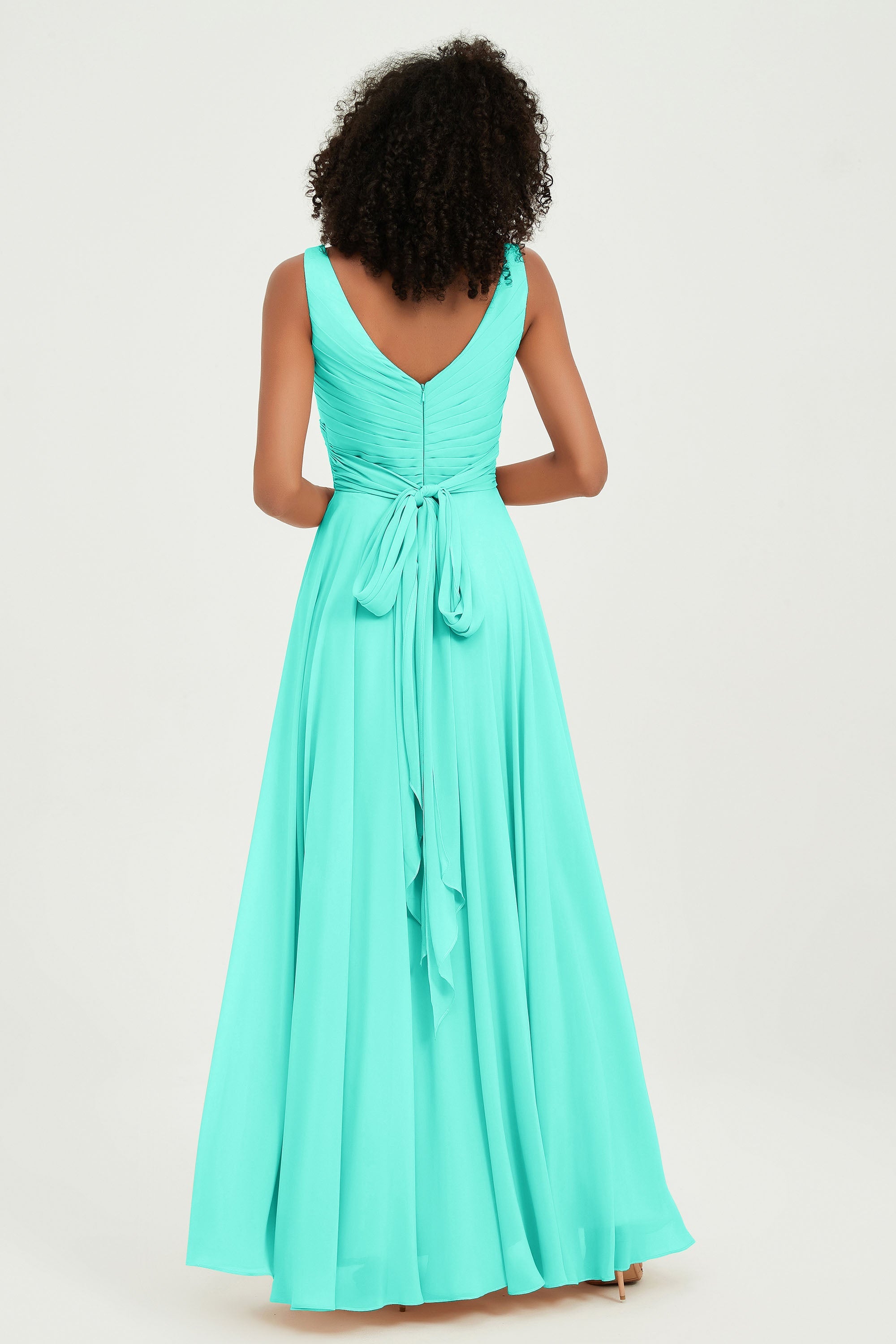 V Neck Chiffon Sleeveless Bridesmaid Dress Pleated Formal Evening Prom Dresses with Bow Sash
