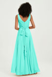 V Neck Chiffon Sleeveless Bridesmaid Dress Pleated Formal Evening Prom Dresses with Bow Sash
