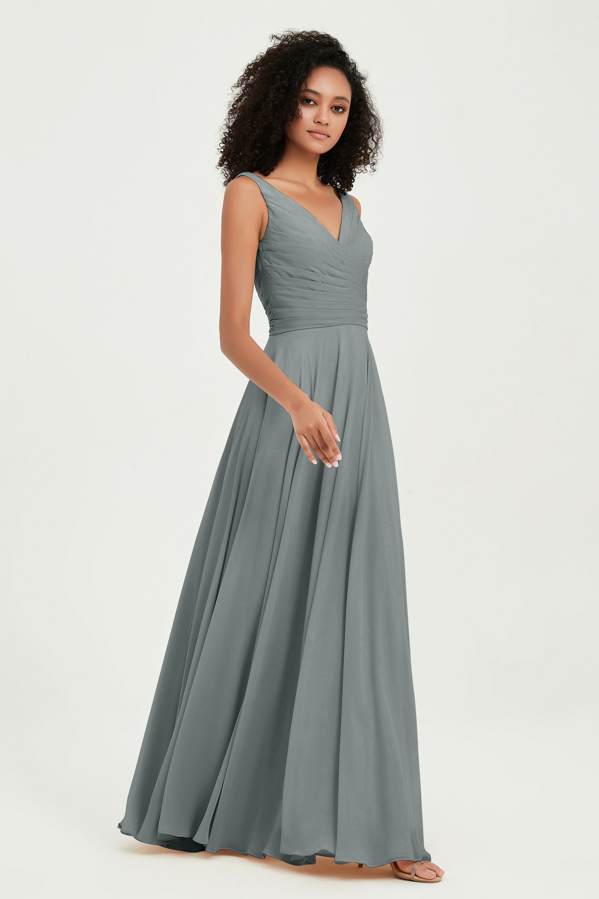 V Neck Chiffon Sleeveless Bridesmaid Dress Pleated Formal Evening Prom Dresses with Bow Sash