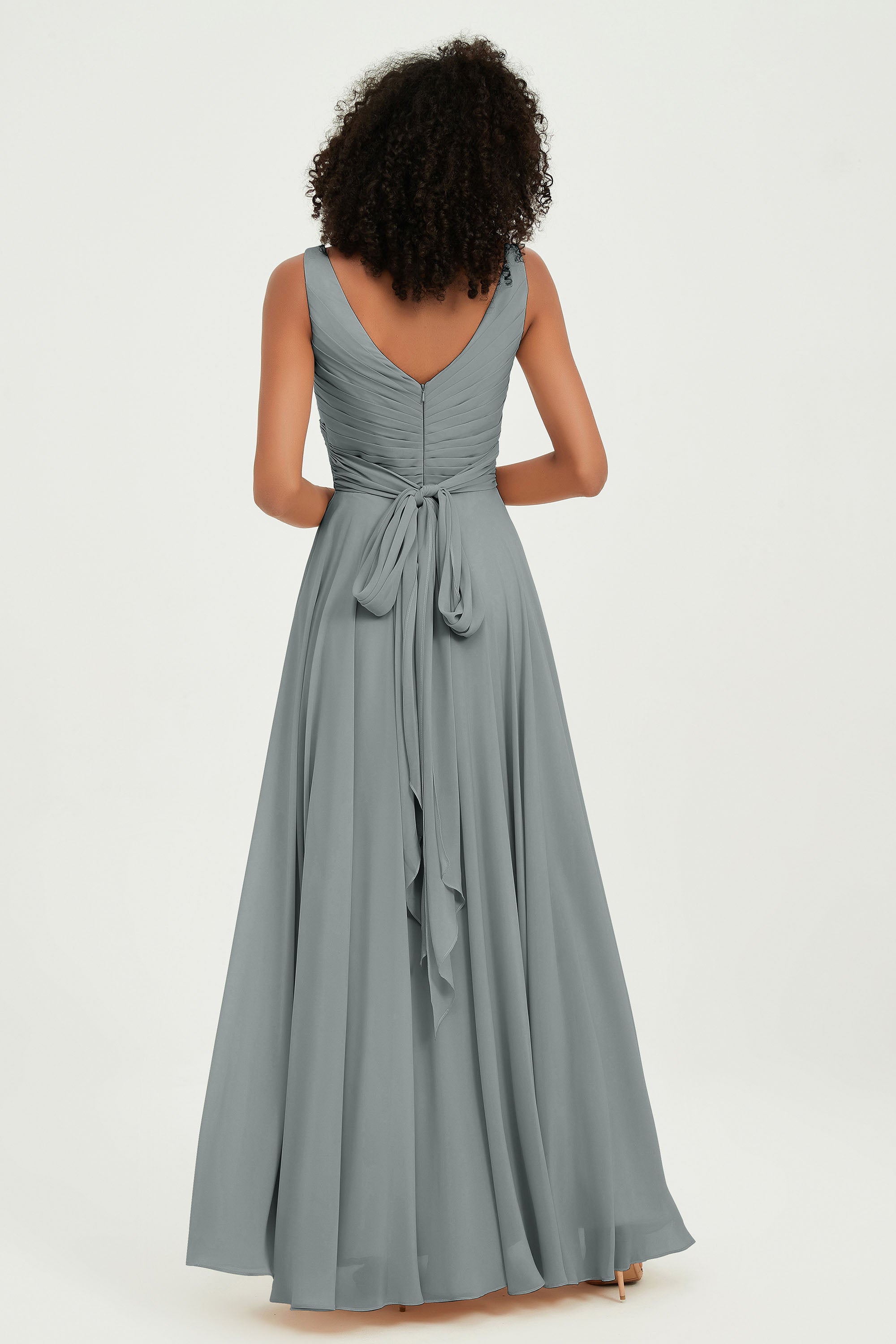 V Neck Chiffon Sleeveless Bridesmaid Dress Pleated Formal Evening Prom Dresses with Bow Sash