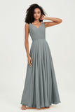 V Neck Chiffon Sleeveless Bridesmaid Dress Pleated Formal Evening Prom Dresses with Bow Sash