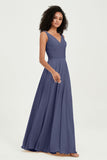 V Neck Chiffon Sleeveless Bridesmaid Dress Pleated Formal Evening Prom Dresses with Bow Sash