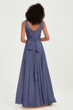 V Neck Chiffon Sleeveless Bridesmaid Dress Pleated Formal Evening Prom Dresses with Bow Sash