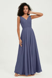 V Neck Chiffon Sleeveless Bridesmaid Dress Pleated Formal Evening Prom Dresses with Bow Sash