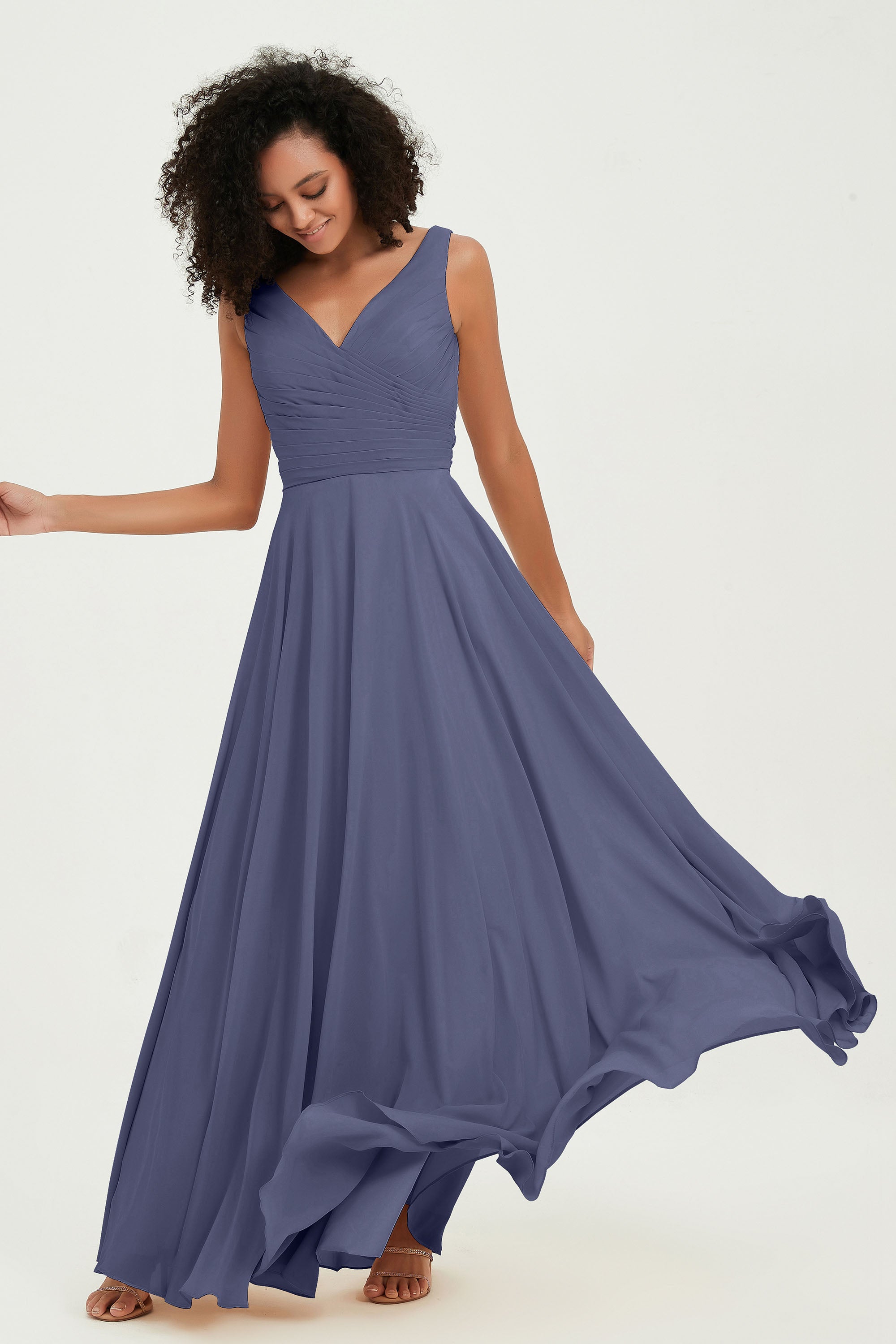 V Neck Chiffon Sleeveless Bridesmaid Dress Pleated Formal Evening Prom Dresses with Bow Sash
