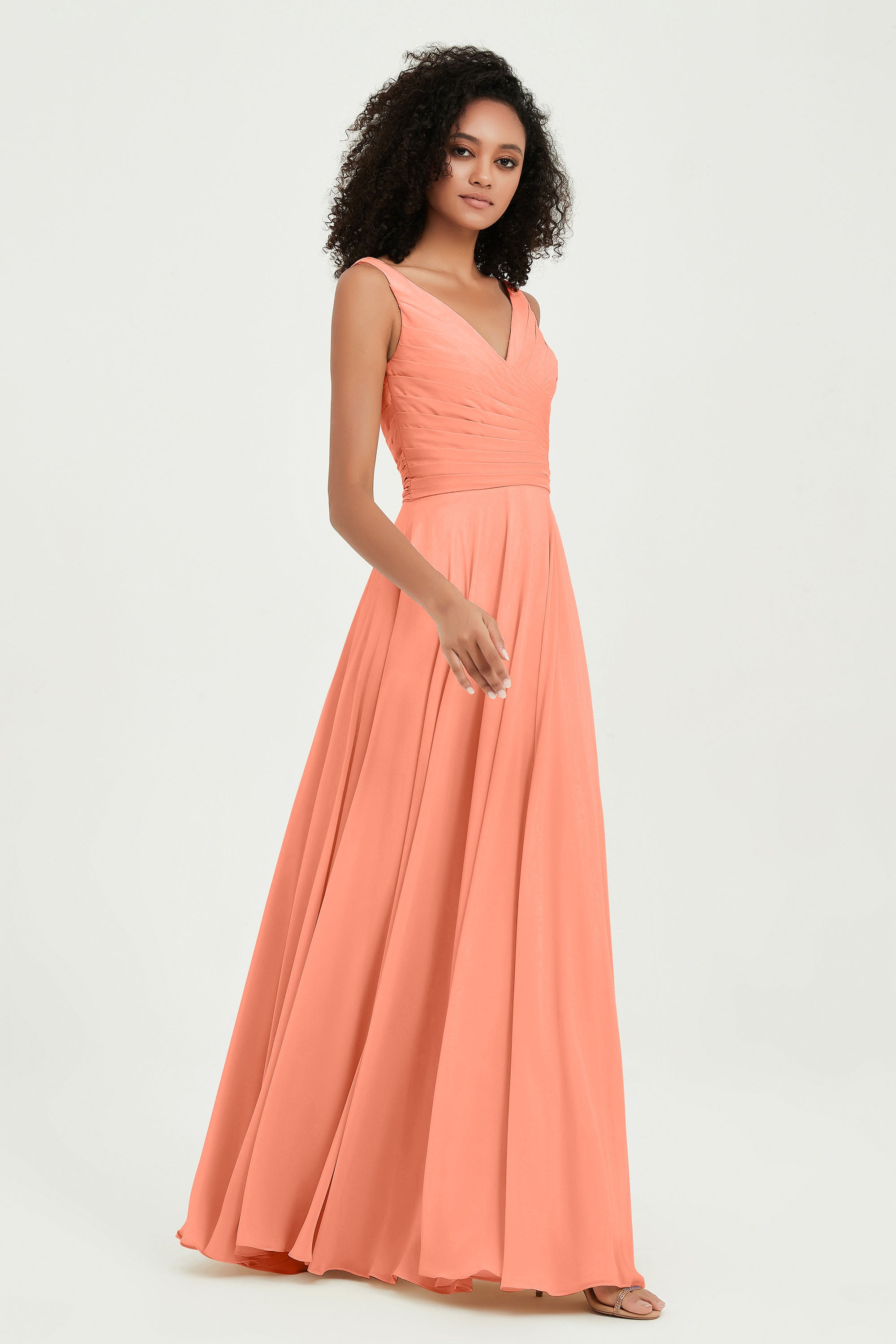 V Neck Chiffon Sleeveless Bridesmaid Dress Pleated Formal Evening Prom Dresses with Bow Sash