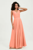 V Neck Chiffon Sleeveless Bridesmaid Dress Pleated Formal Evening Prom Dresses with Bow Sash