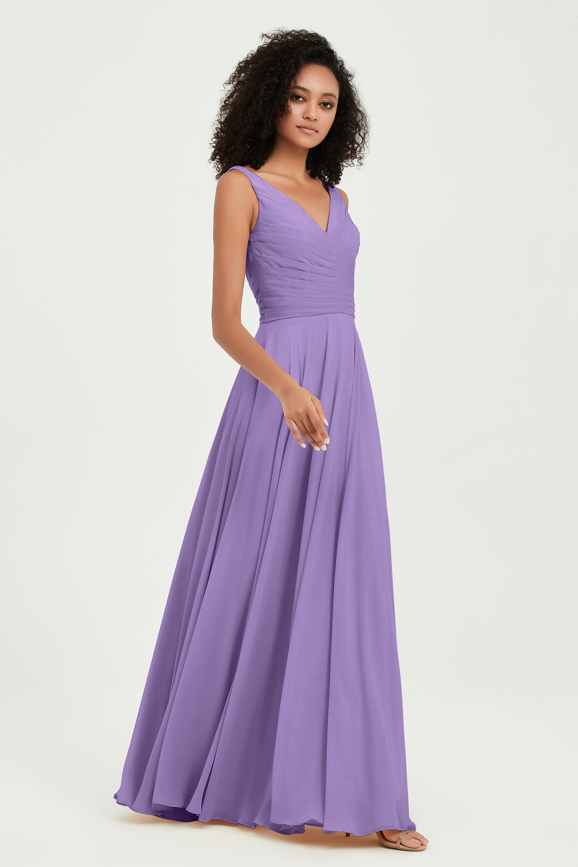 V Neck Chiffon Sleeveless Bridesmaid Dress Pleated Formal Evening Prom Dresses with Bow Sash