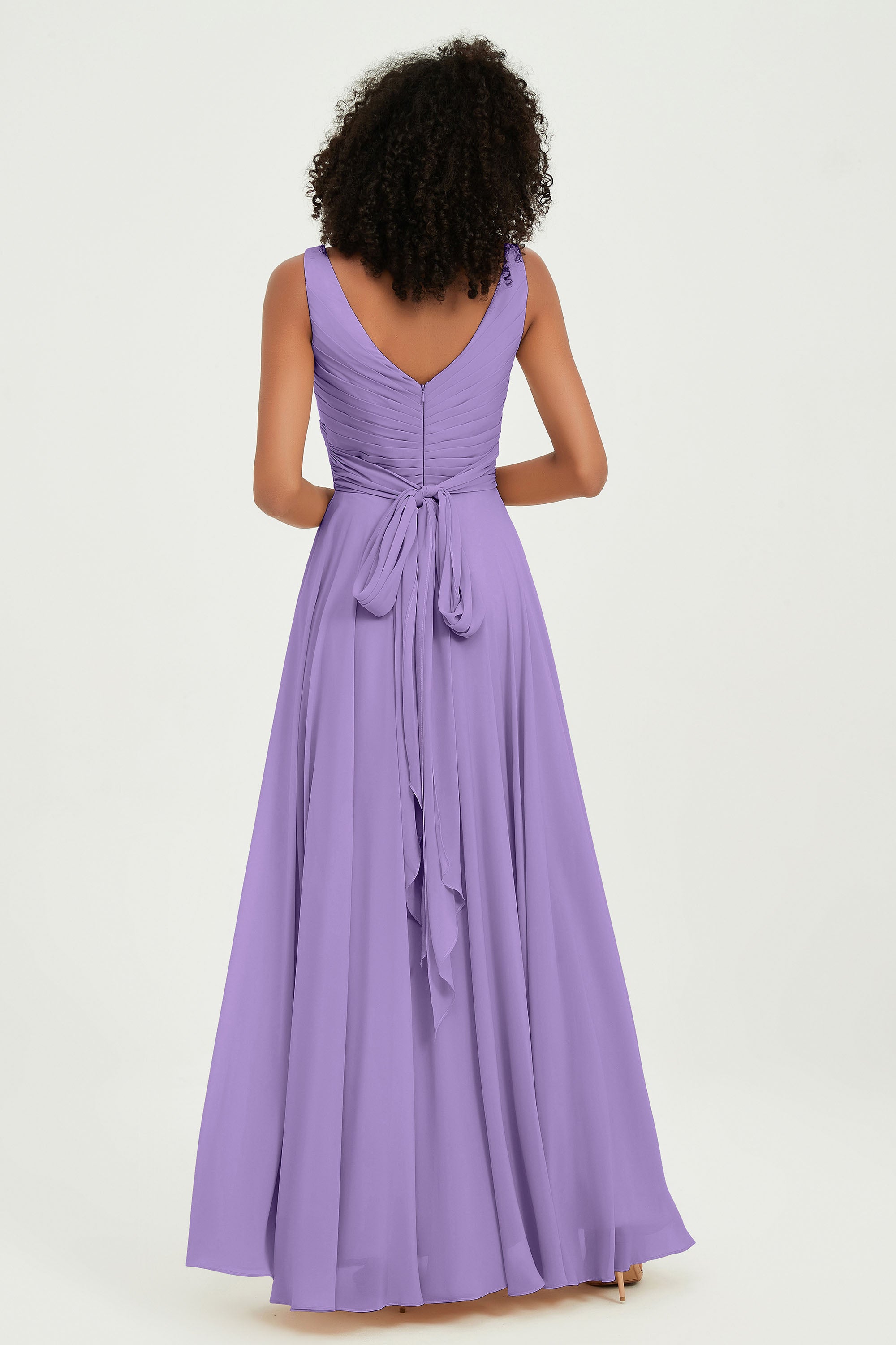 V Neck Chiffon Sleeveless Bridesmaid Dress Pleated Formal Evening Prom Dresses with Bow Sash