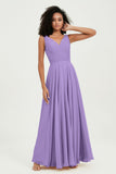 V Neck Chiffon Sleeveless Bridesmaid Dress Pleated Formal Evening Prom Dresses with Bow Sash