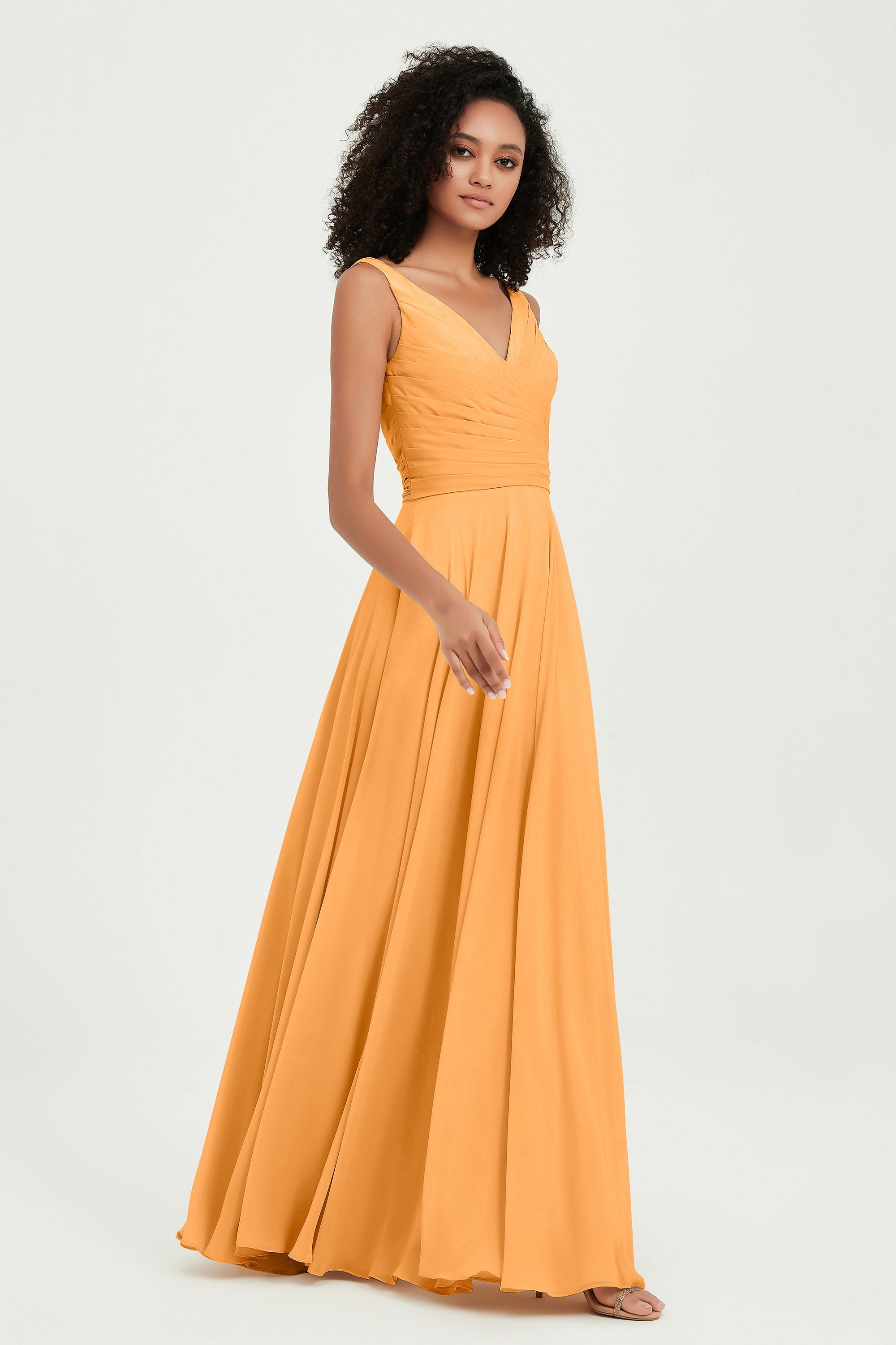 V Neck Chiffon Sleeveless Bridesmaid Dress Pleated Formal Evening Prom Dresses with Bow Sash