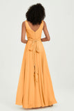 V Neck Chiffon Sleeveless Bridesmaid Dress Pleated Formal Evening Prom Dresses with Bow Sash