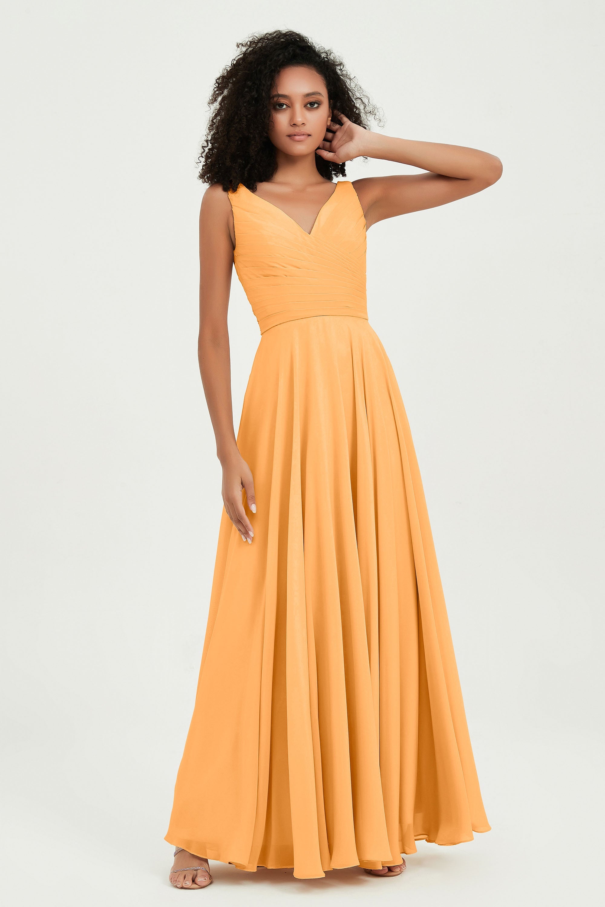 V Neck Chiffon Sleeveless Bridesmaid Dress Pleated Formal Evening Prom Dresses with Bow Sash