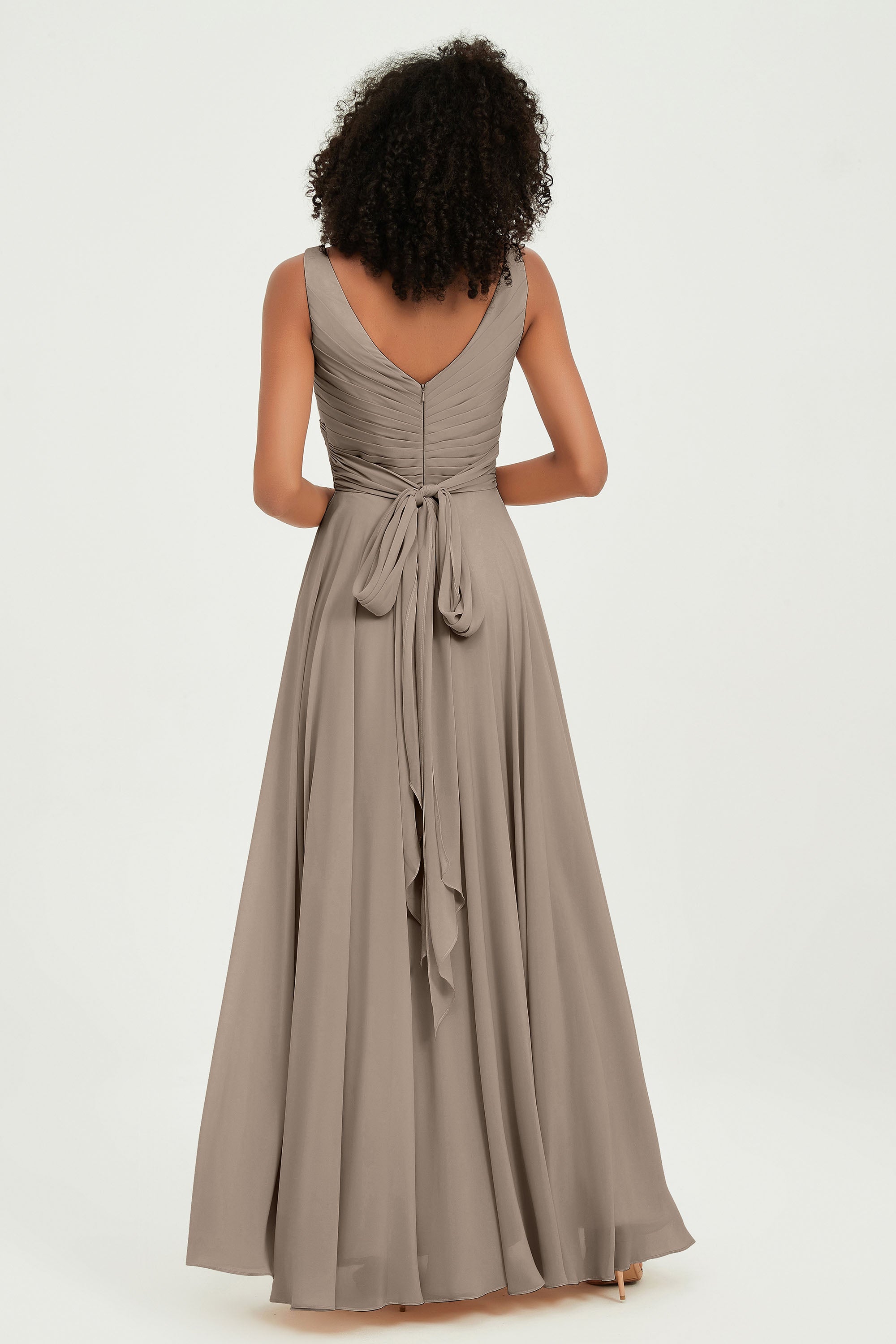 V Neck Chiffon Sleeveless Bridesmaid Dress Pleated Formal Evening Prom Dresses with Bow Sash