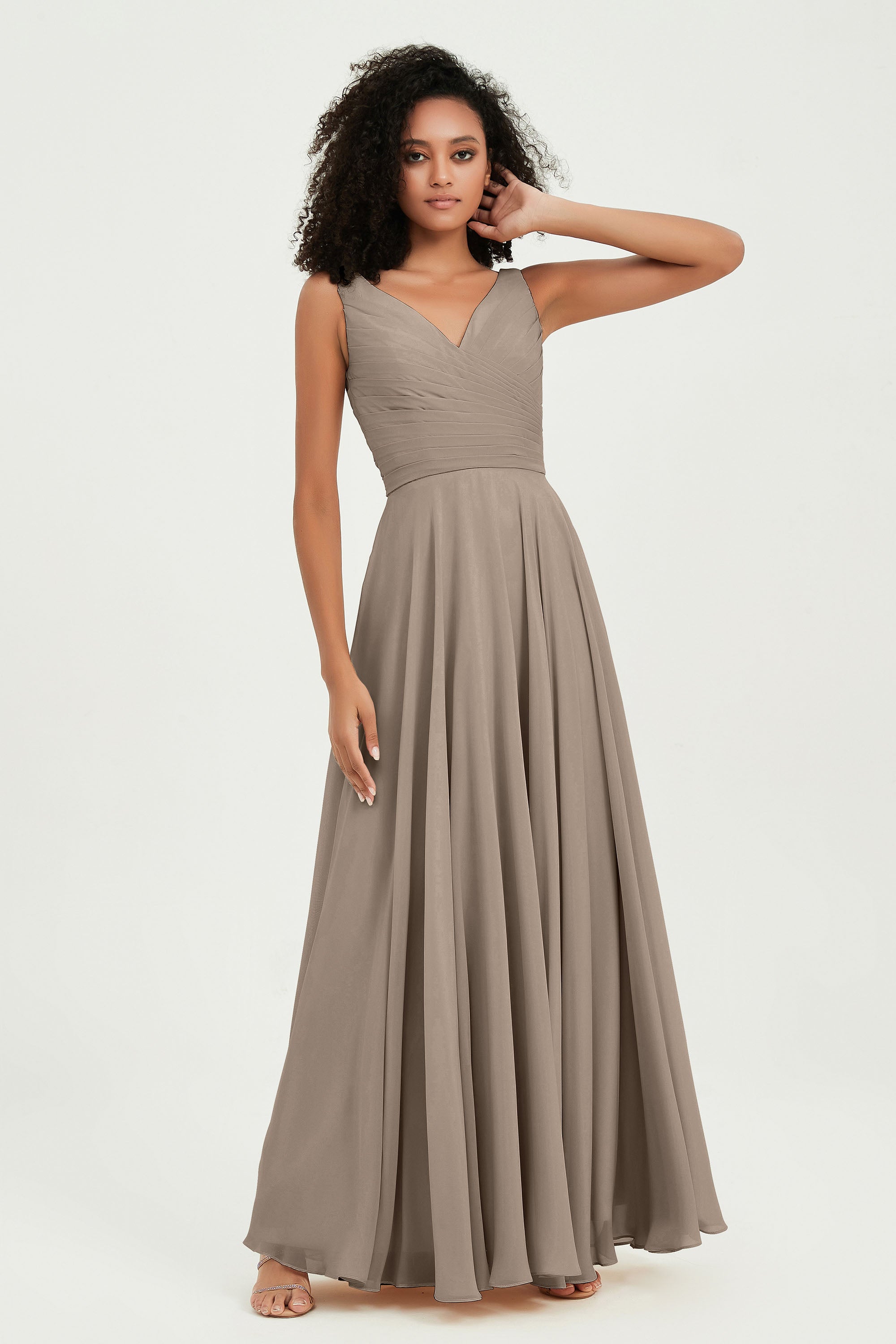 V Neck Chiffon Sleeveless Bridesmaid Dress Pleated Formal Evening Prom Dresses with Bow Sash