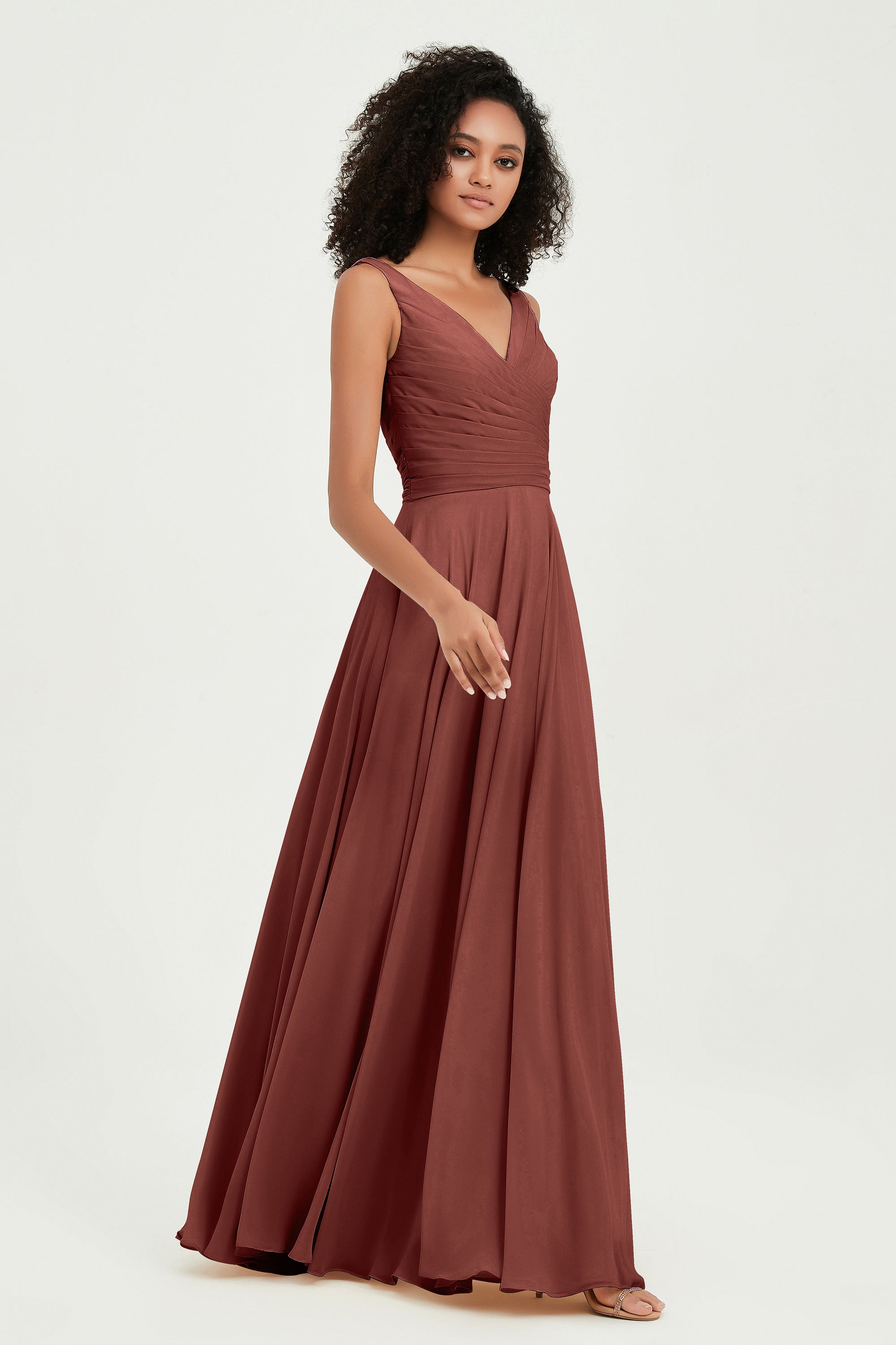 V Neck Chiffon Sleeveless Bridesmaid Dress Pleated Formal Evening Prom Dresses with Bow Sash
