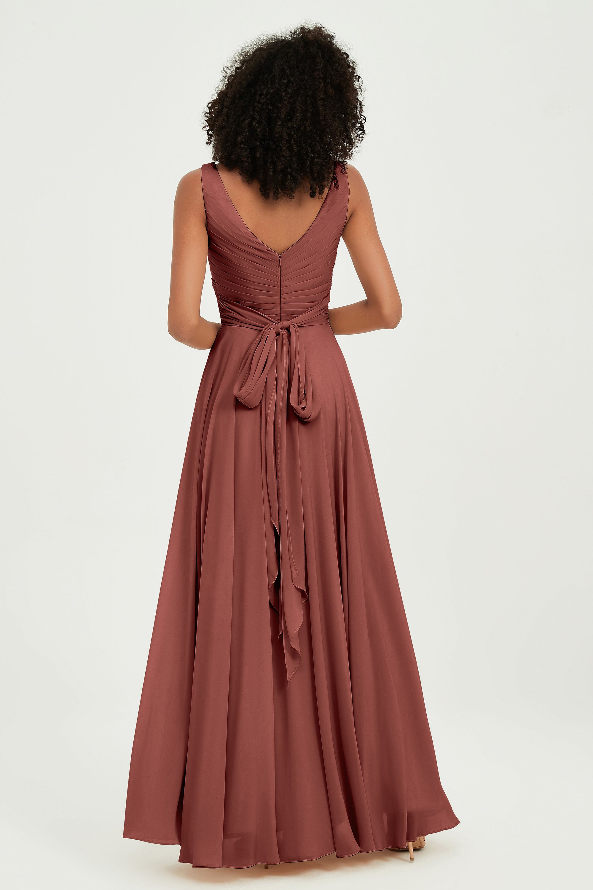 V Neck Chiffon Sleeveless Bridesmaid Dress Pleated Formal Evening Prom Dresses with Bow Sash