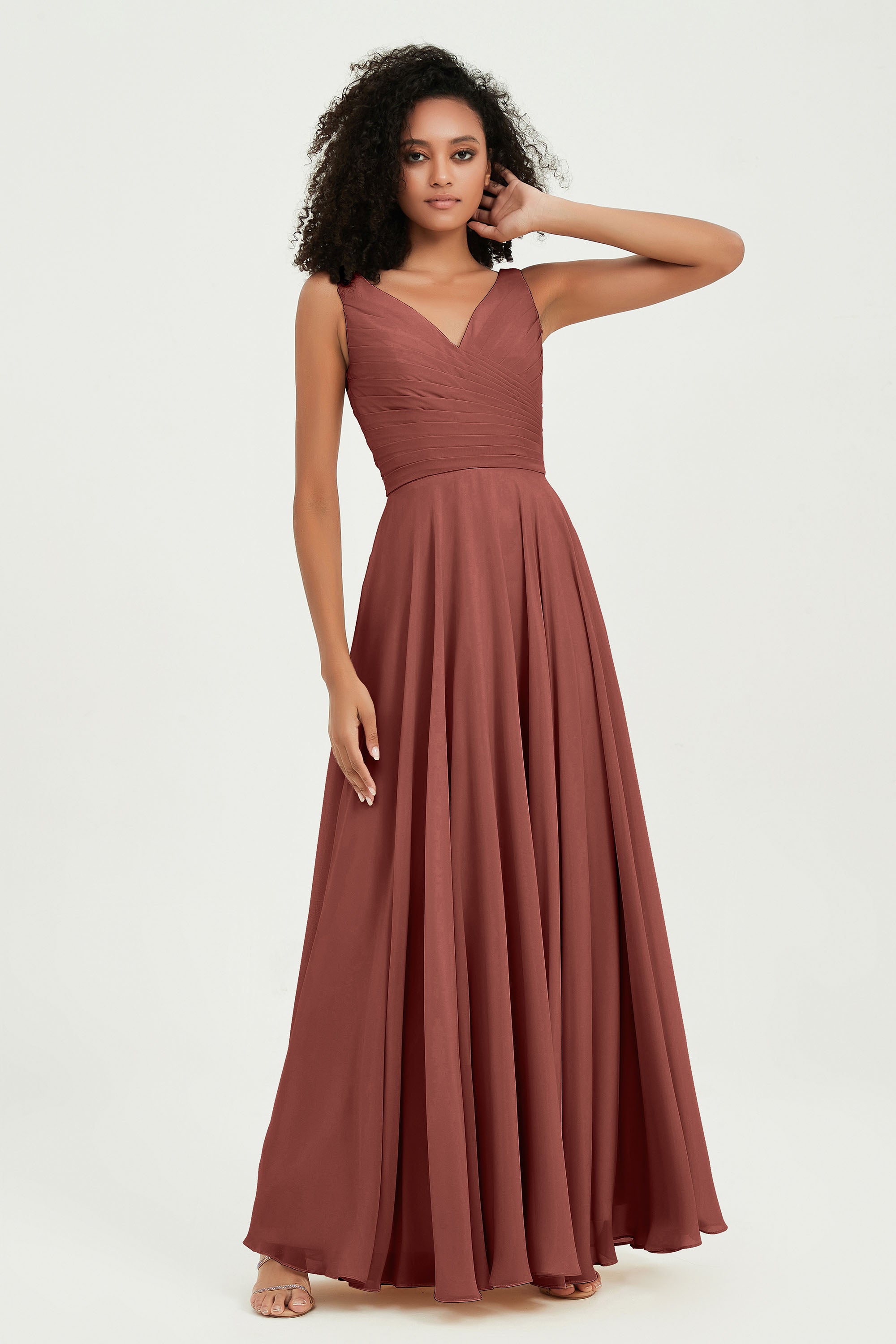V Neck Chiffon Sleeveless Bridesmaid Dress Pleated Formal Evening Prom Dresses with Bow Sash