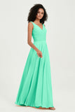 V Neck Chiffon Sleeveless Bridesmaid Dress Pleated Formal Evening Prom Dresses with Bow Sash