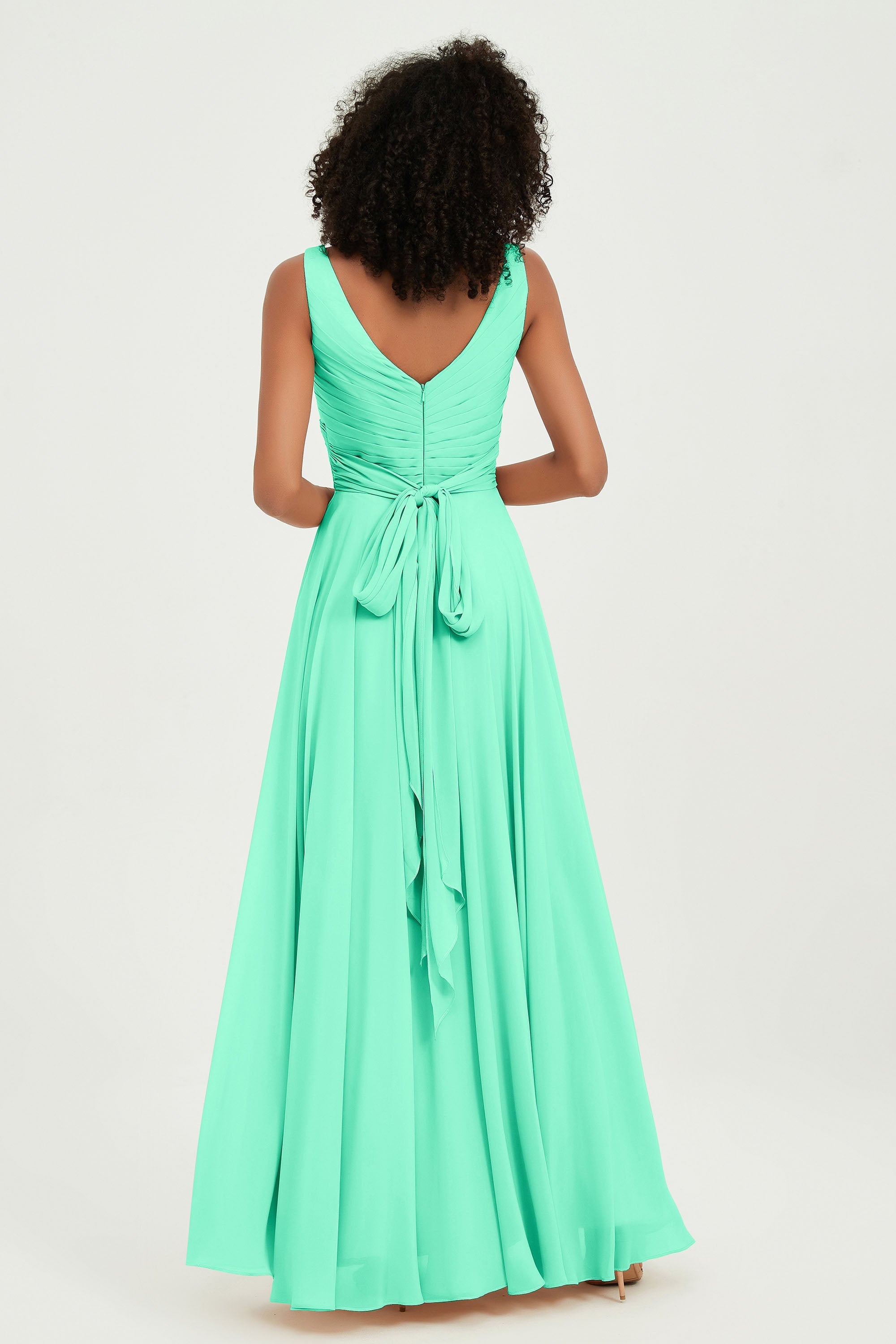 V Neck Chiffon Sleeveless Bridesmaid Dress Pleated Formal Evening Prom Dresses with Bow Sash