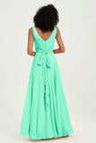 V Neck Chiffon Sleeveless Bridesmaid Dress Pleated Formal Evening Prom Dresses with Bow Sash