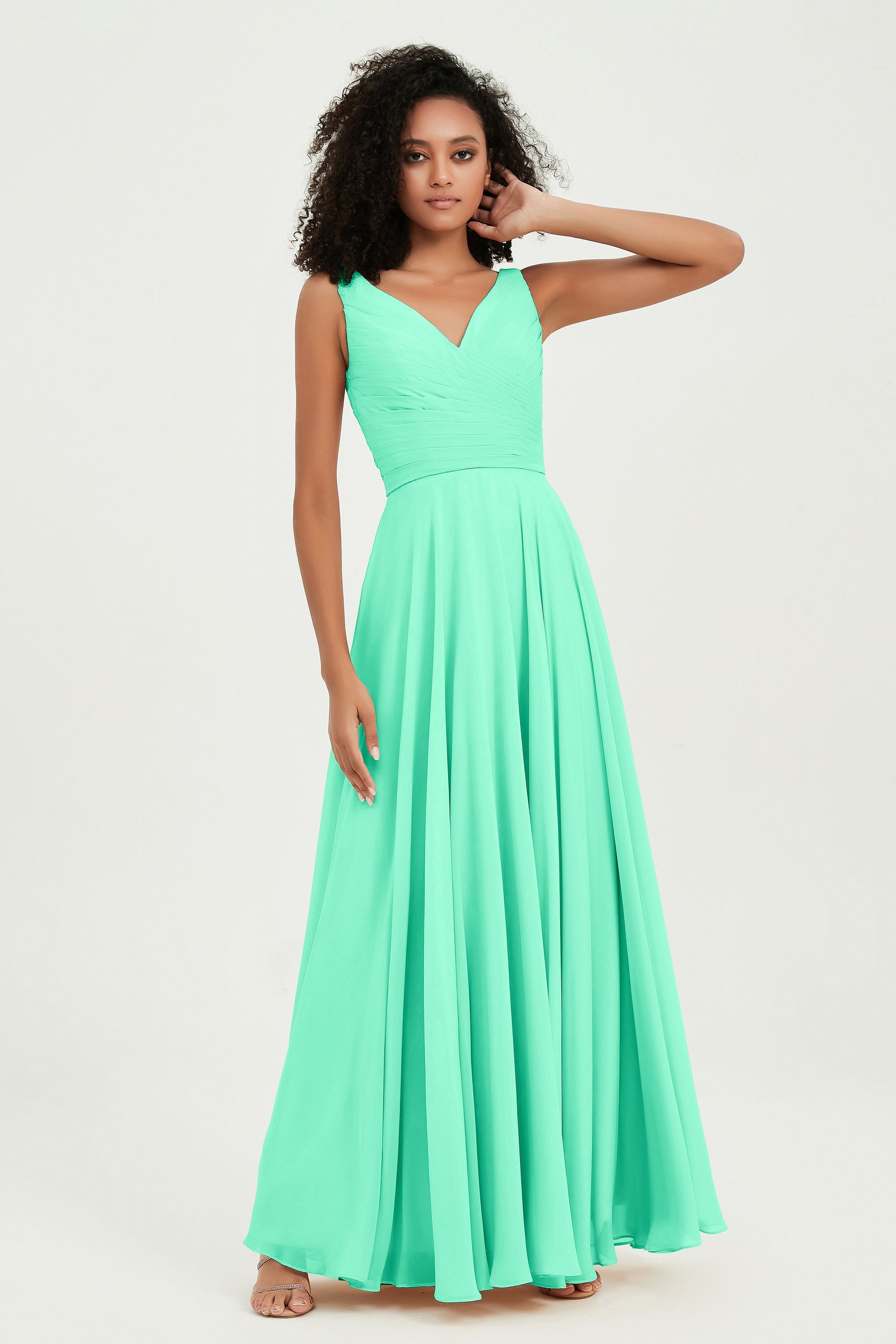V Neck Chiffon Sleeveless Bridesmaid Dress Pleated Formal Evening Prom Dresses with Bow Sash