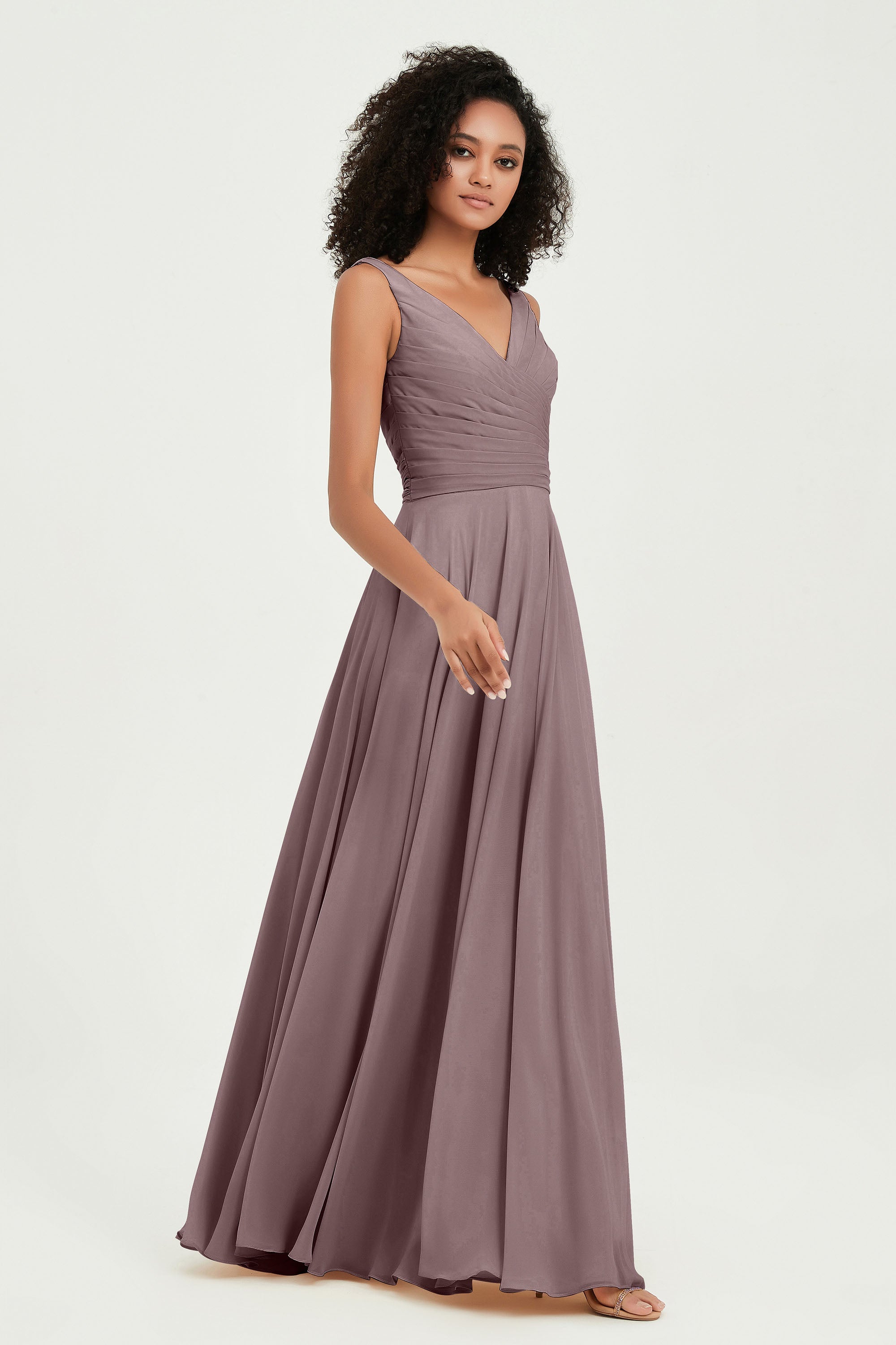 V Neck Chiffon Sleeveless Bridesmaid Dress Pleated Formal Evening Prom Dresses with Bow Sash