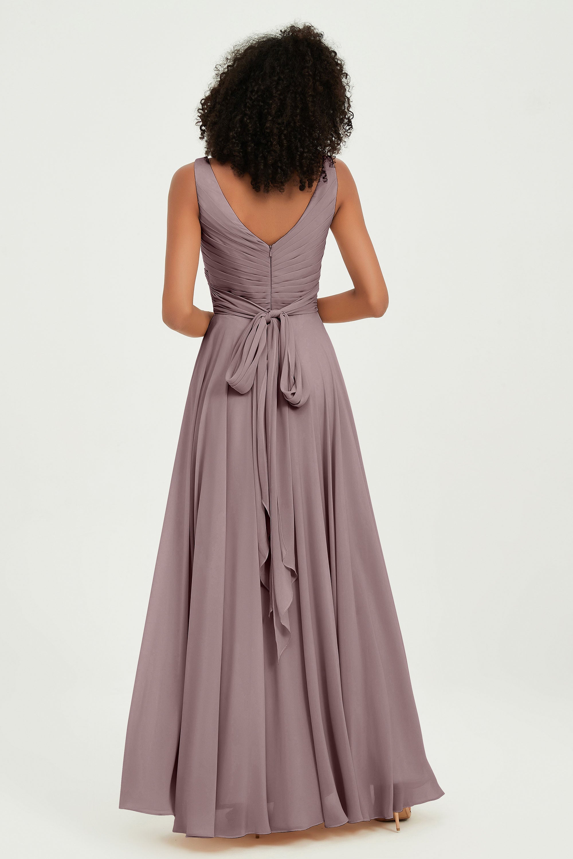 V Neck Chiffon Sleeveless Bridesmaid Dress Pleated Formal Evening Prom Dresses with Bow Sash