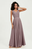 V Neck Chiffon Sleeveless Bridesmaid Dress Pleated Formal Evening Prom Dresses with Bow Sash