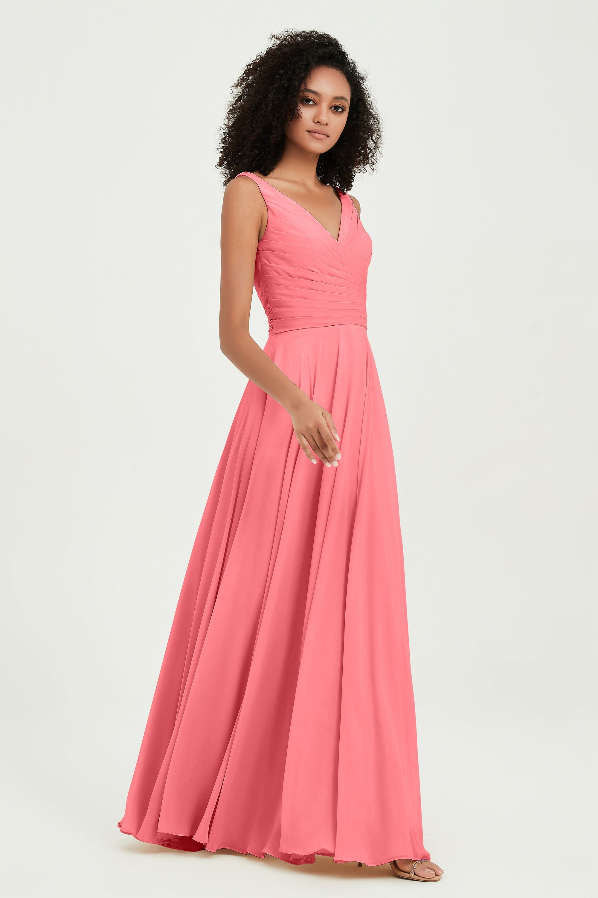 V Neck Chiffon Sleeveless Bridesmaid Dress Pleated Formal Evening Prom Dresses with Bow Sash