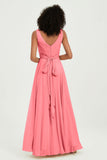 V Neck Chiffon Sleeveless Bridesmaid Dress Pleated Formal Evening Prom Dresses with Bow Sash