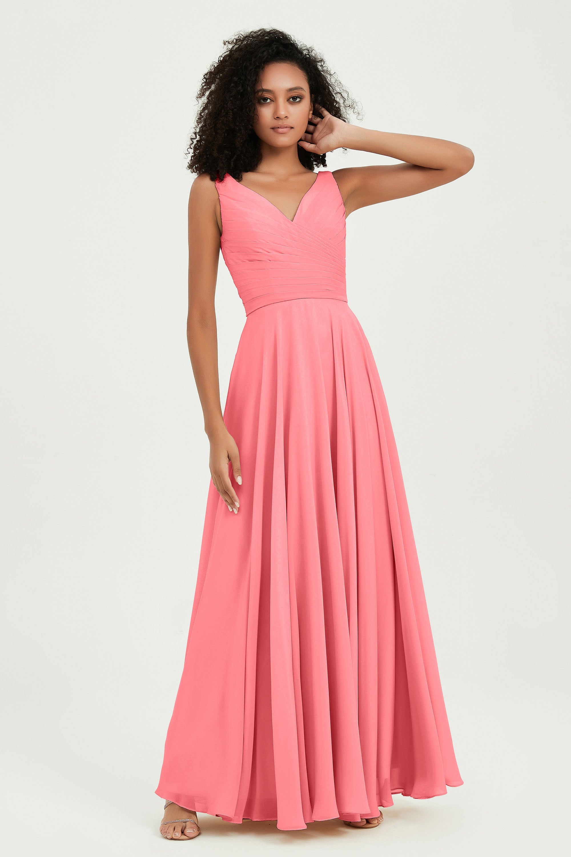 V Neck Chiffon Sleeveless Bridesmaid Dress Pleated Formal Evening Prom Dresses with Bow Sash
