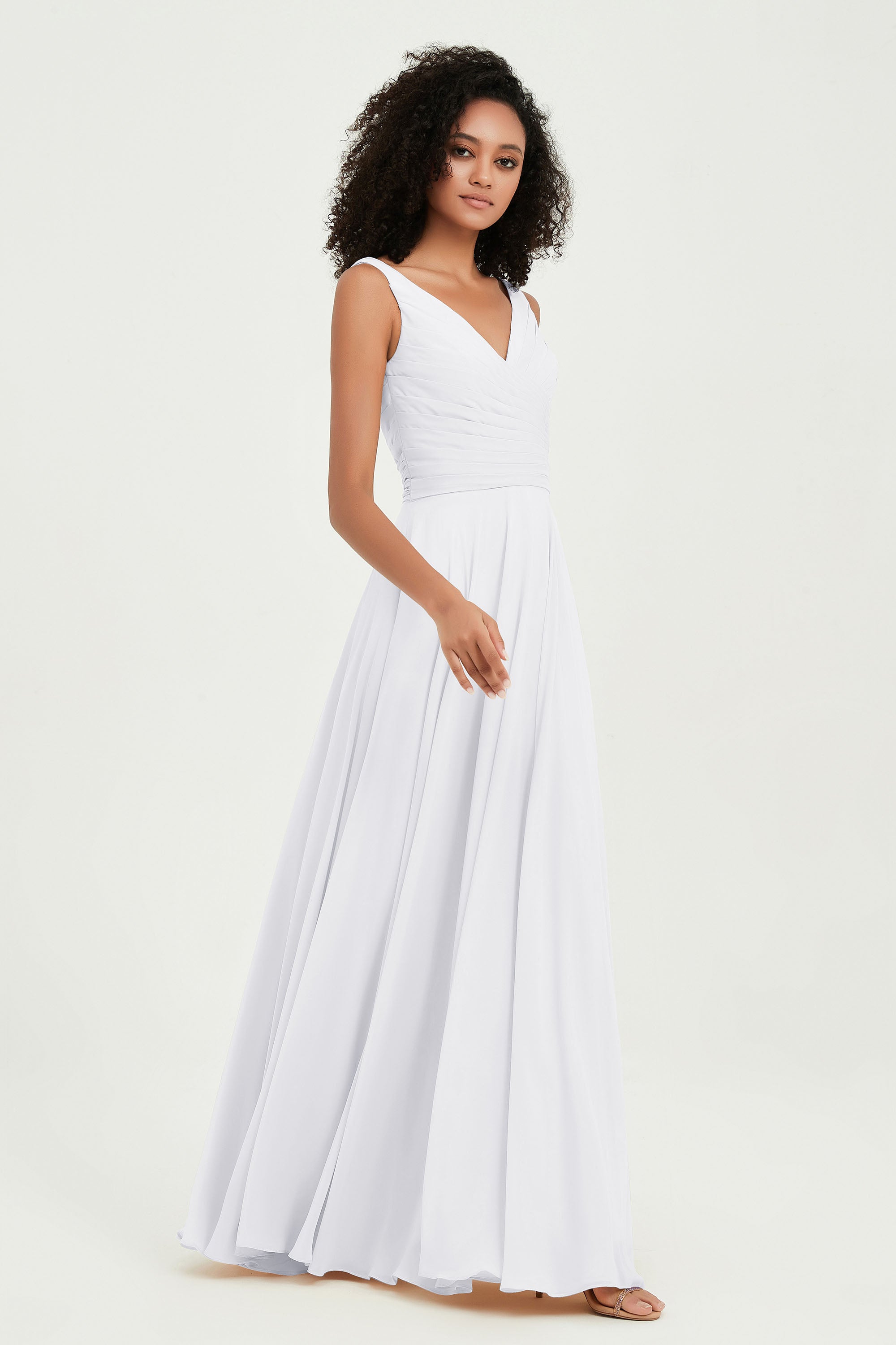 V Neck Chiffon Sleeveless Bridesmaid Dress Pleated Formal Evening Prom Dresses with Bow Sash