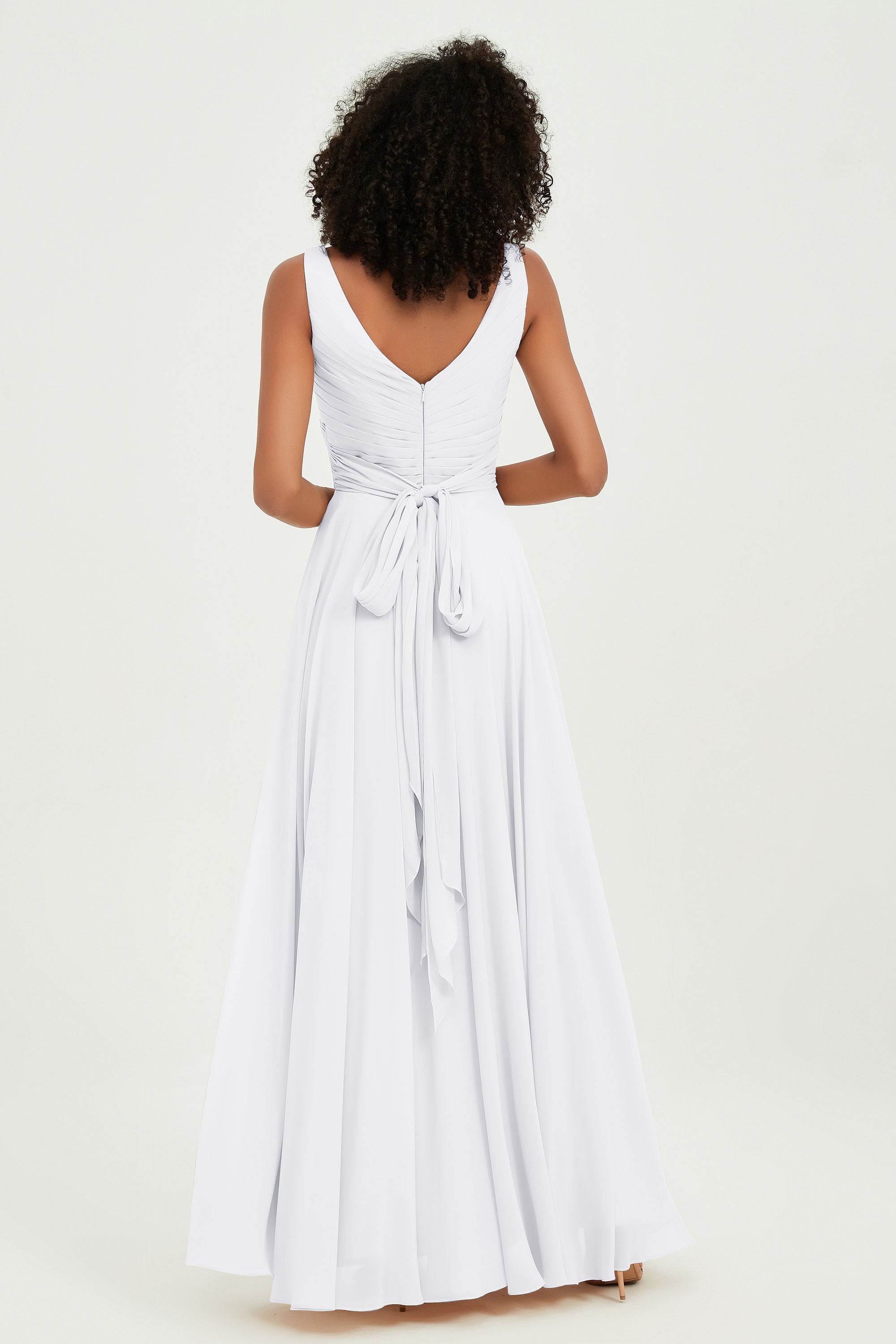 V Neck Chiffon Sleeveless Bridesmaid Dress Pleated Formal Evening Prom Dresses with Bow Sash