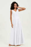 V Neck Chiffon Sleeveless Bridesmaid Dress Pleated Formal Evening Prom Dresses with Bow Sash