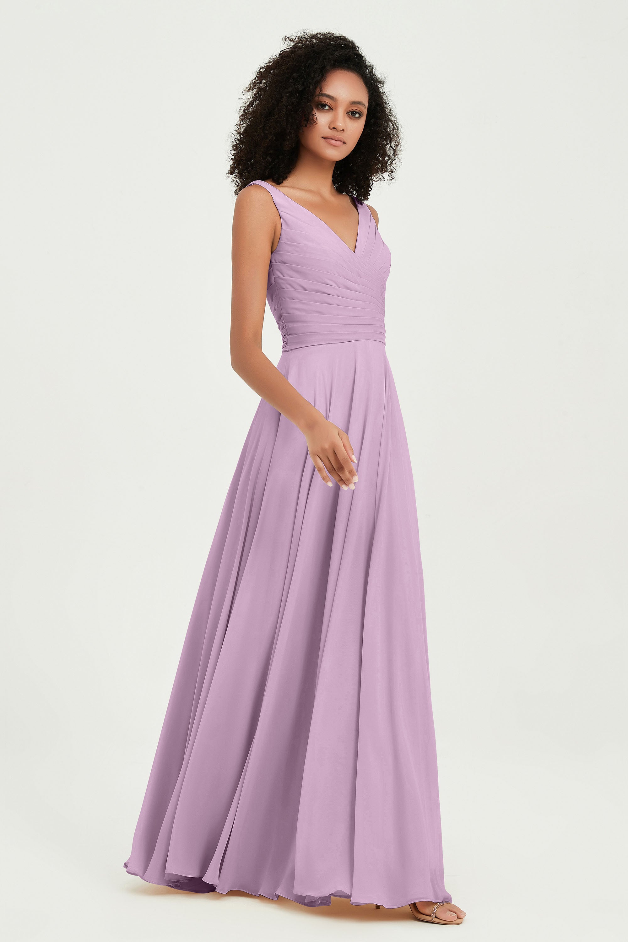 V Neck Chiffon Sleeveless Bridesmaid Dress Pleated Formal Evening Prom Dresses with Bow Sash