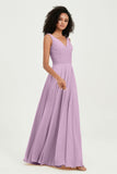 V Neck Chiffon Sleeveless Bridesmaid Dress Pleated Formal Evening Prom Dresses with Bow Sash
